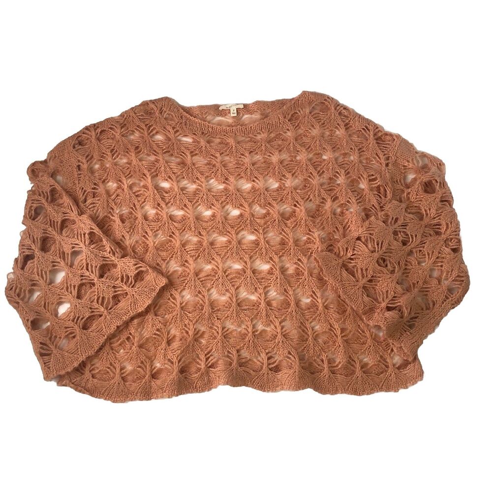 Mystree Open Knit Bell Sleeve Sweater Scalloped Crochet Dusty Pink Rose Small